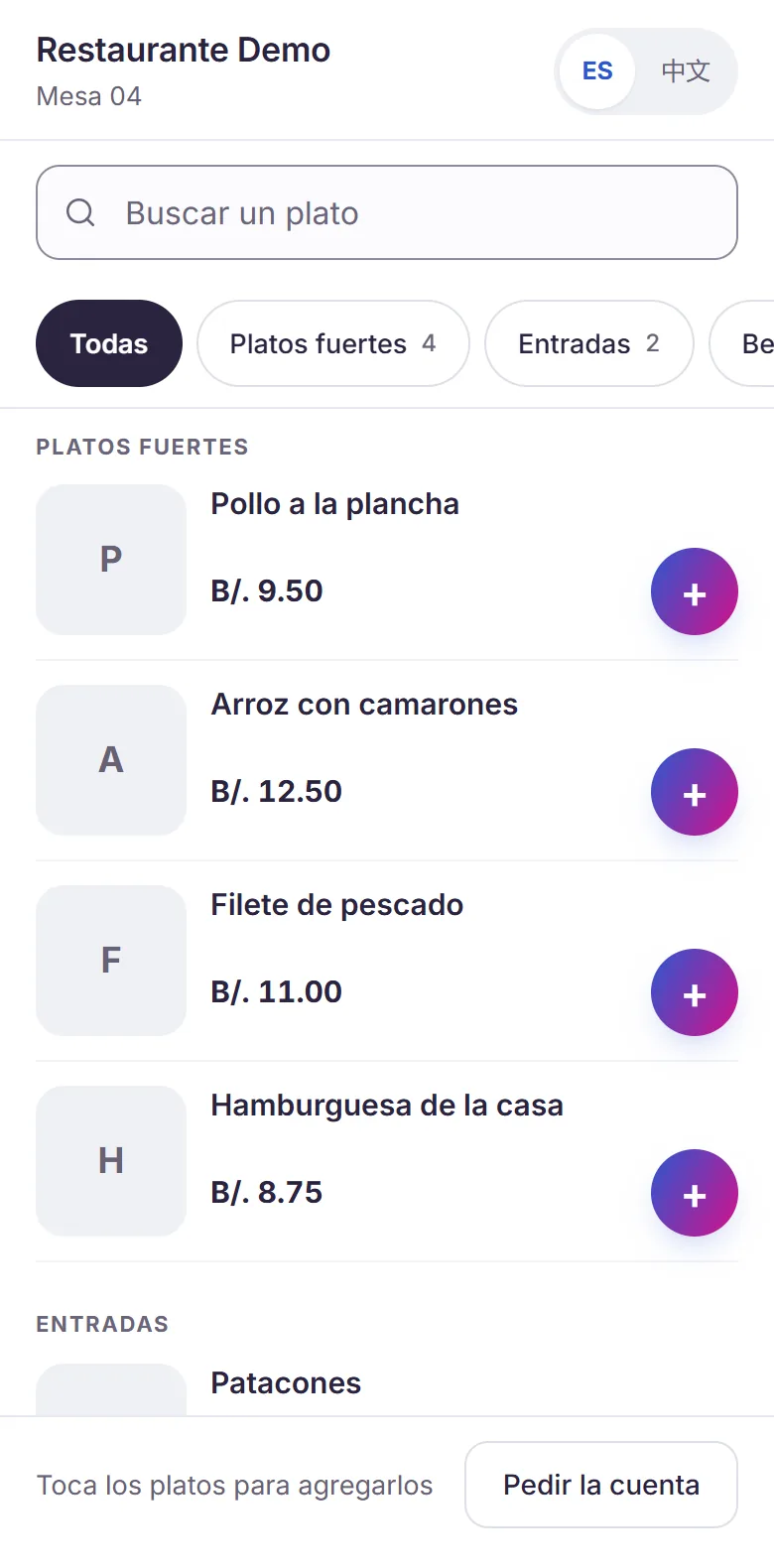 La carta del restaurante en el teléfono, abierta desde el QR de la Mesa 04