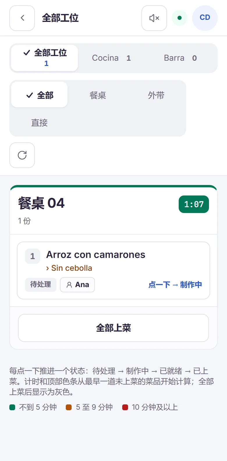 手机上的厨房屏幕:餐桌 04 的订单及其备注