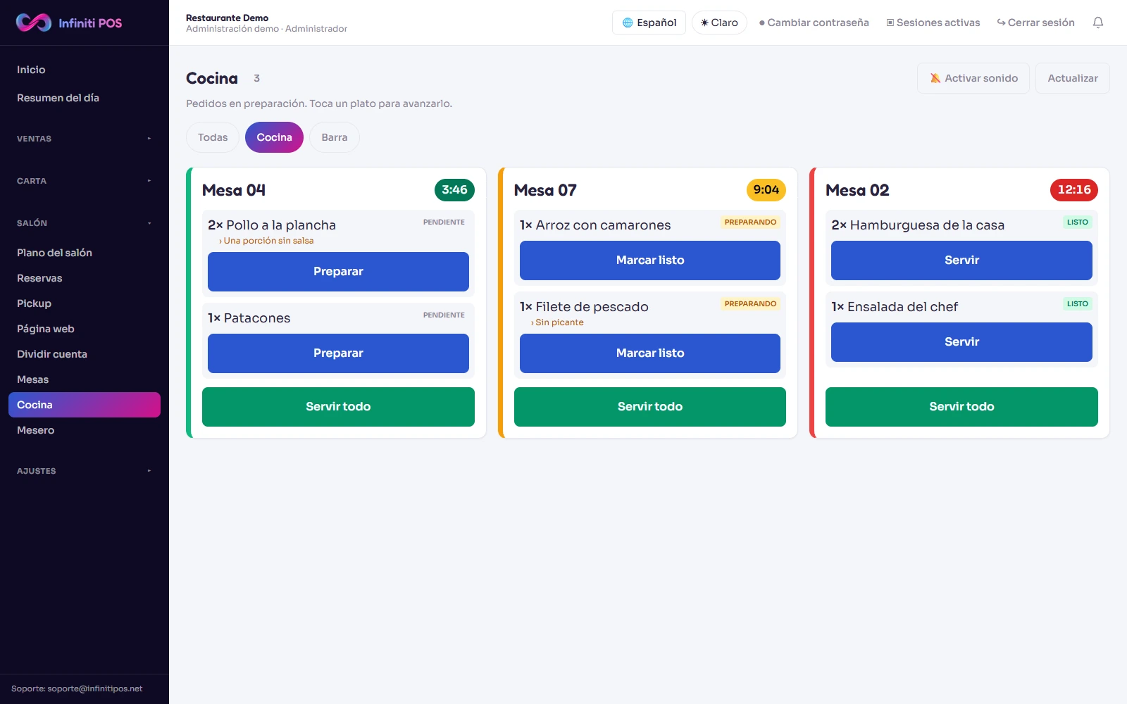 Cocina · KDS: captura del producto con datos de demostración