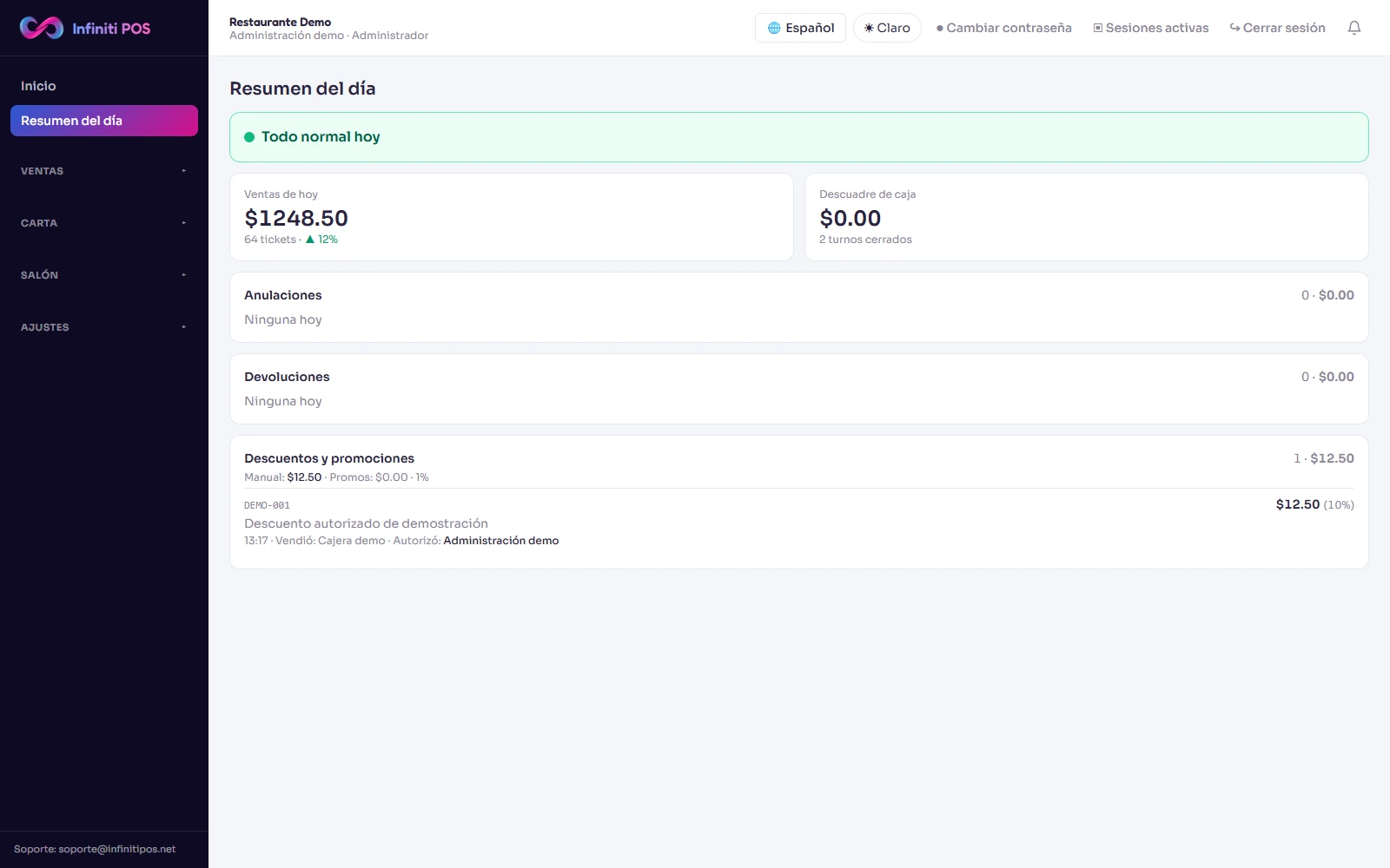 Panel del dueño: captura del producto con datos de demostración