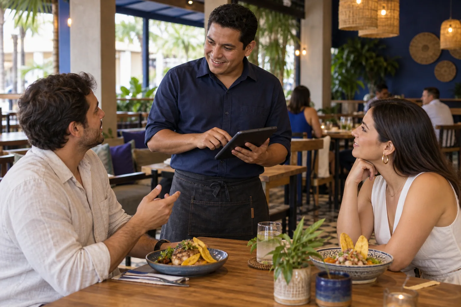 Escena generada de un mesero atendiendo una mesa con una tablet