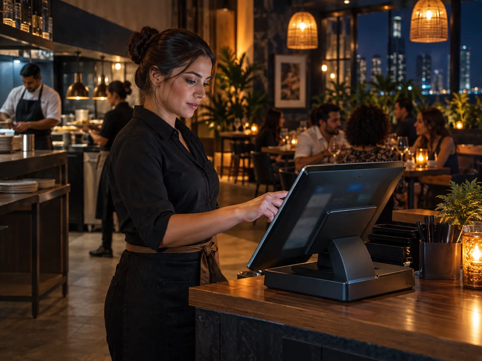 Personal de un restaurante trabajando durante el servicio de noche